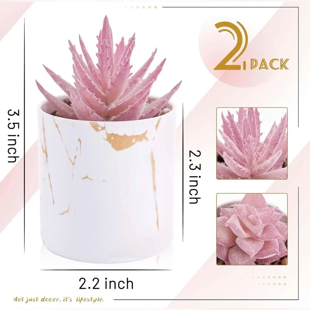 White Marble Mini Pot with Pink Succulent Accent - Home Accents
